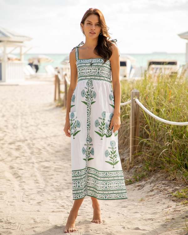Bindu Button front tie strap dress - white/Green | Garmentory