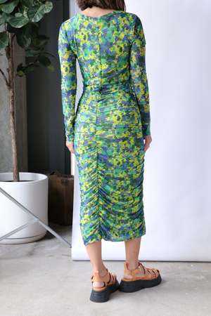 Ganni Ruched Mesh Midi Dress - Sulphur Spring | Garmentory