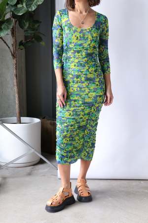 Ganni Ruched Mesh Midi Dress - Sulphur Spring | Garmentory