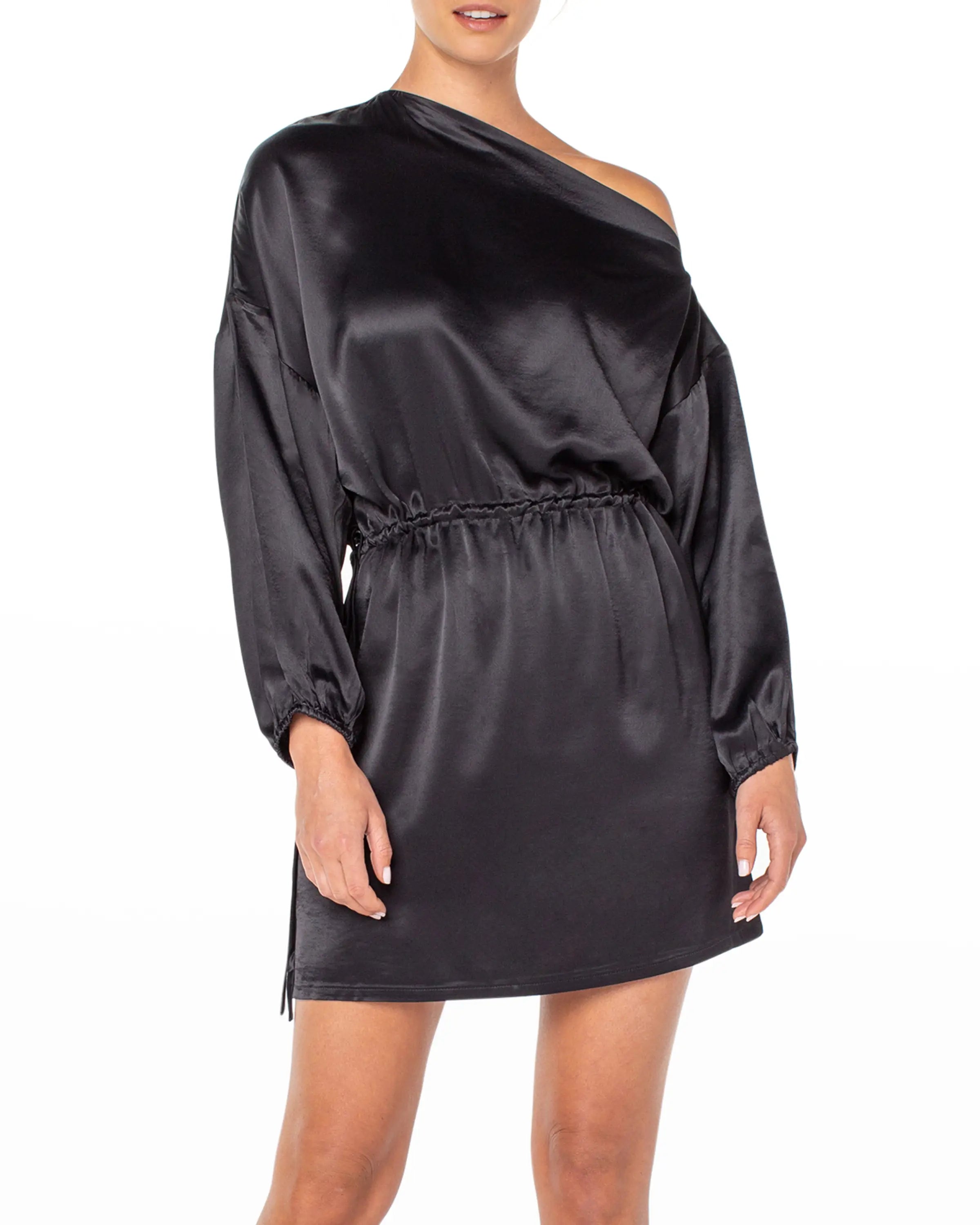 knee length dresses for ladies Black Satin Long Sleeve Wrap Top Ruched Mini Dress – AX Paris main image 0