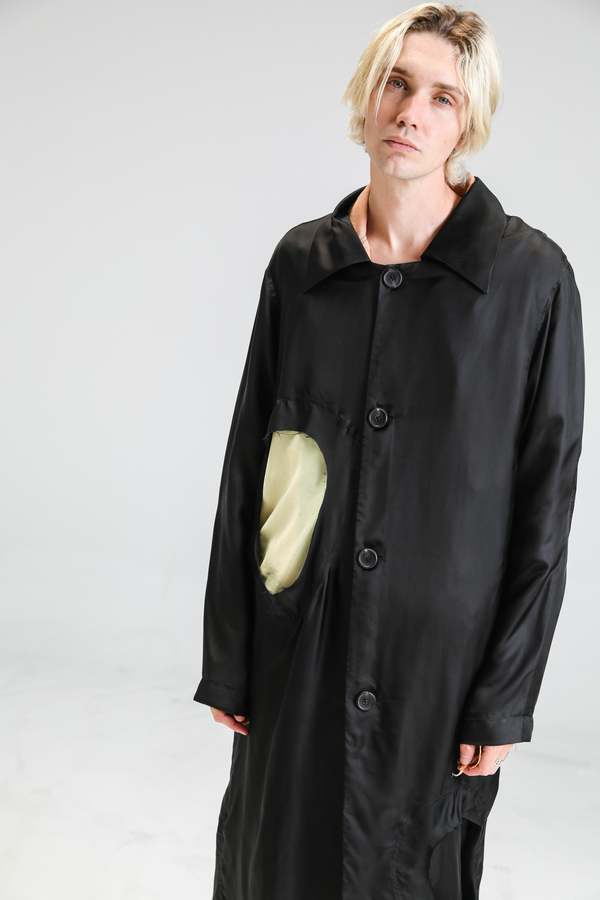 Edward Cuming Cupro Circle Window Overcoat - Black | Garmentory