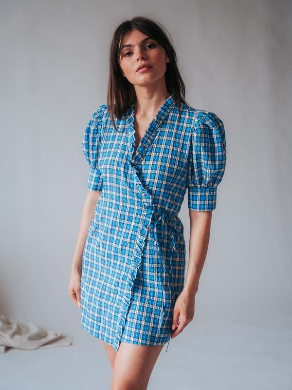 Ganni Seersucker Wrap Mini Dress Check Azure Blue Garmentory