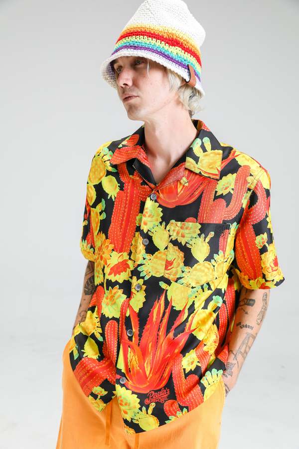LOEWE Black & Yellow Silk Cactus Print Bowling Shirt on Garmentory