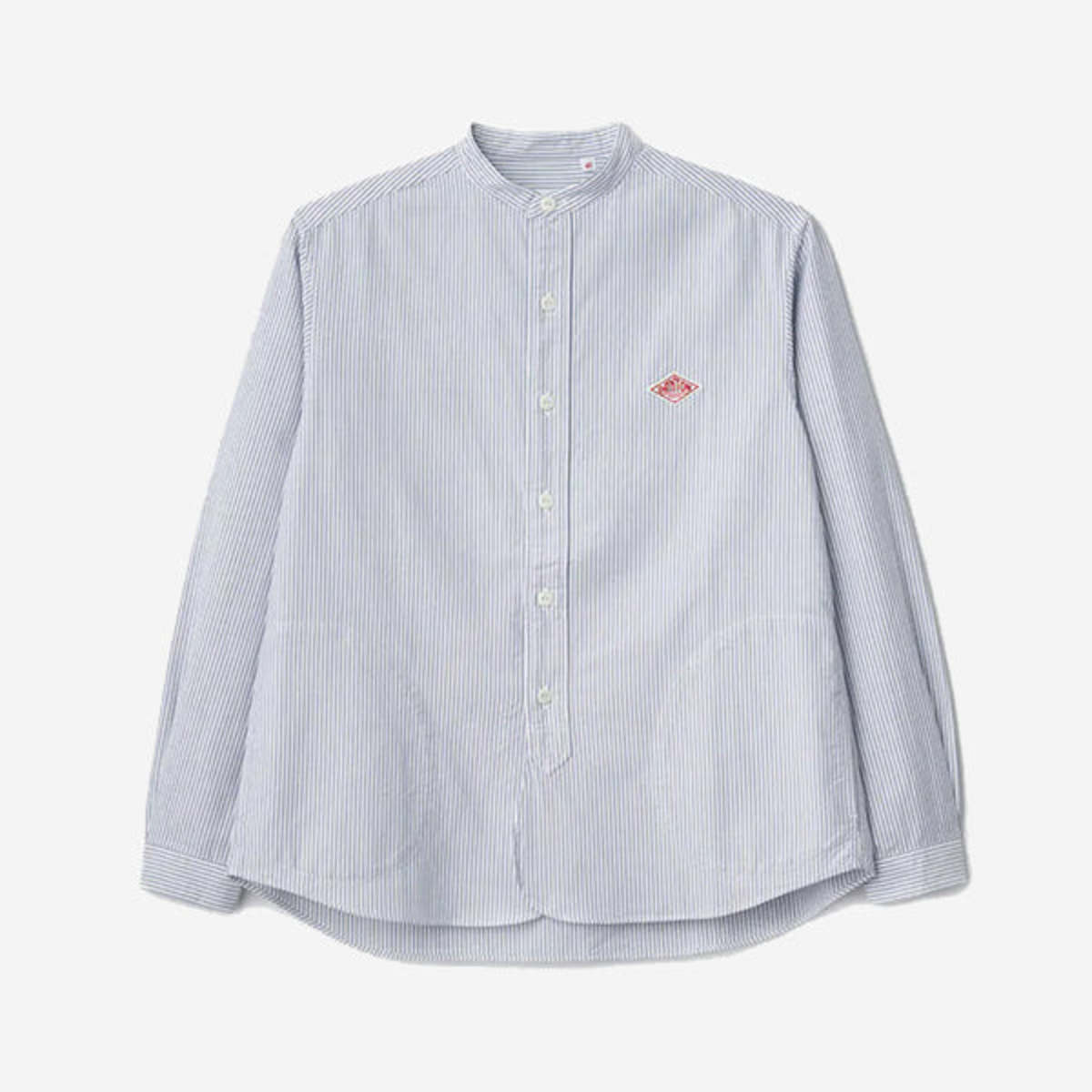 Danton Band Collar L/S Oxford Pocket Shirt - Navy Stripe | Garmentory