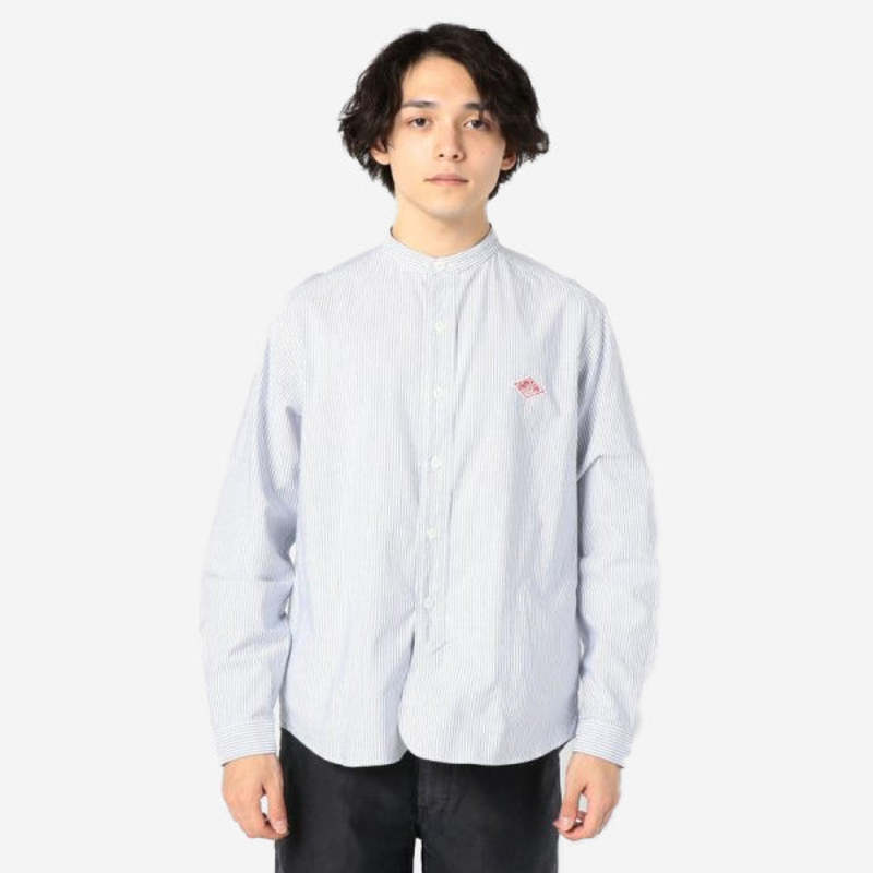 Danton Band Collar L/S Oxford Pocket Shirt - Navy Stripe