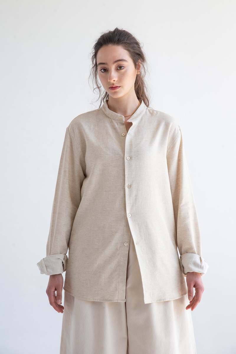 Graphia New York Liam Band Collar Long Sleeve Shirt - Vintage Cream