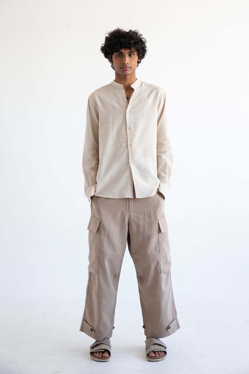 Graphia New York Liam Band Collar Long Sleeve Shirt - Vintage Cream