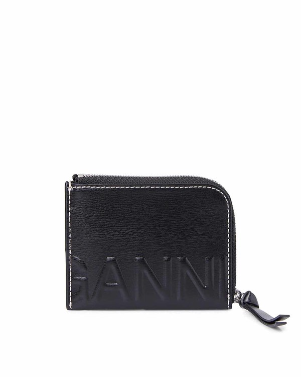 Ganni Leather Card Holder with Logo Black Garmentory