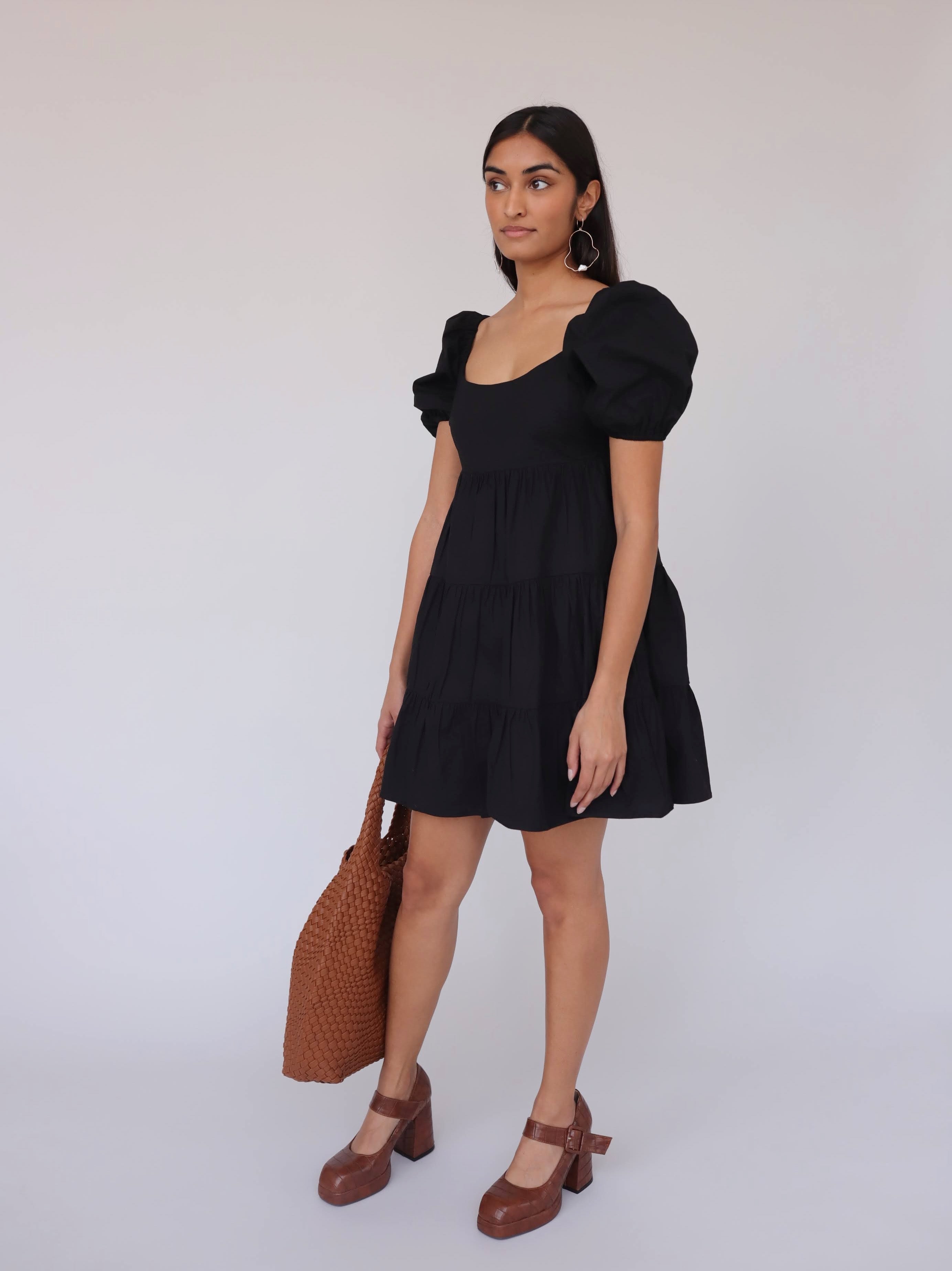 mini black puff sleeve dress Black Faux Leather Half Puff Sleeve Mini Dress