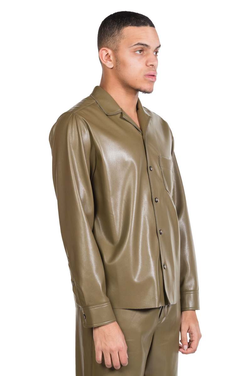 Nanushka Meno Vegan Leather Long-Sleeve Shirt - Olive