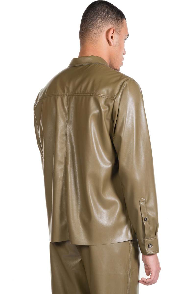 Nanushka Meno Vegan Leather Long-Sleeve Shirt - Olive