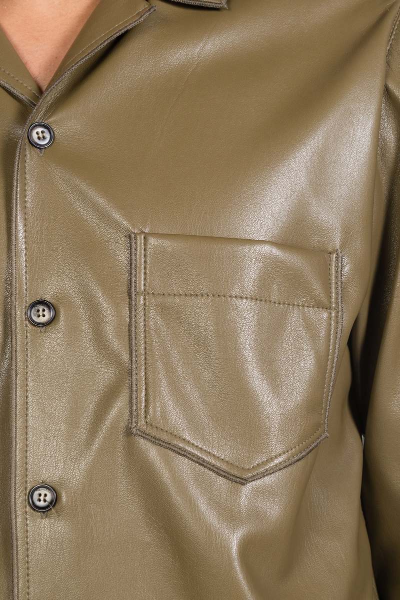 Nanushka Meno Vegan Leather Long-Sleeve Shirt - Olive