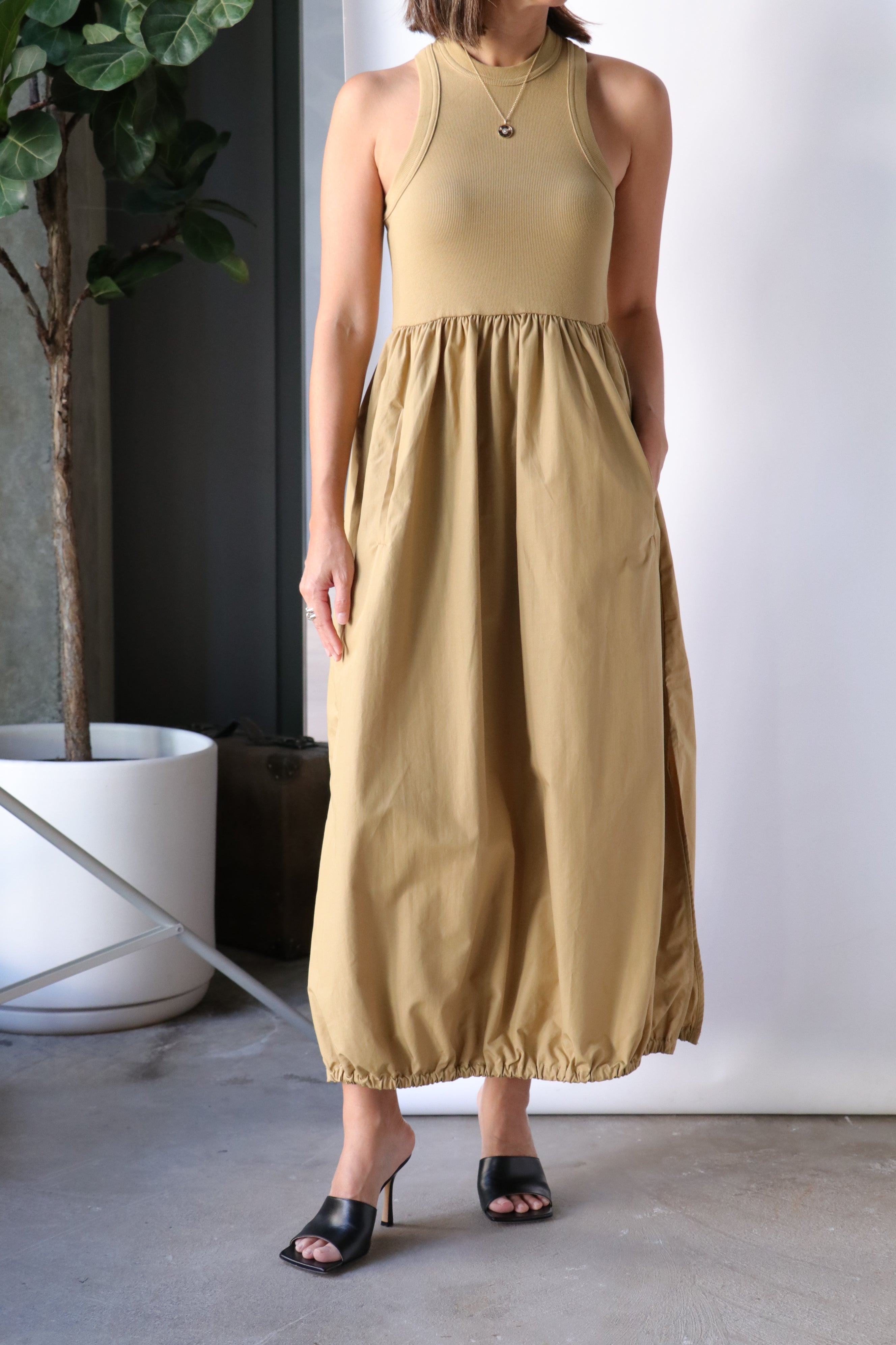 tibi ribbed tank balloon dress NEW XL TIBI Tan khaki Brown Ribbed Tank Balloon Dress Mixed Media