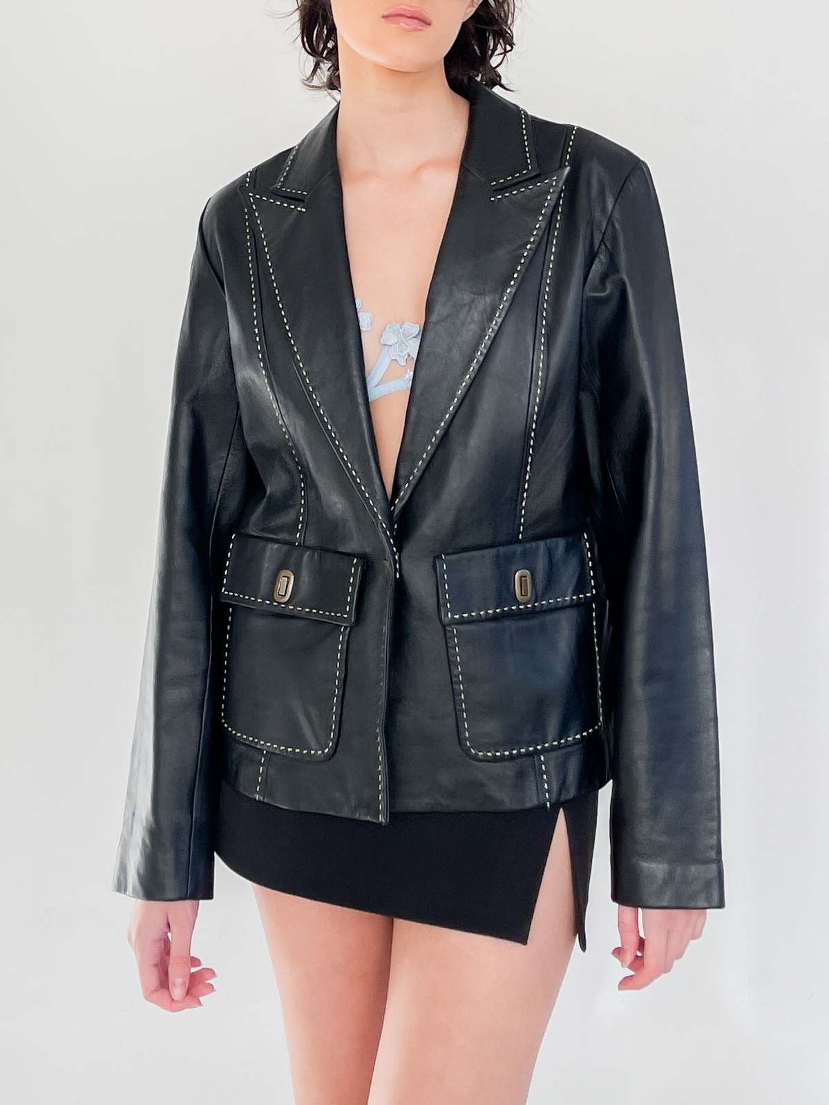 Contrast Stitch Leather Jacket - Black | Garmentory