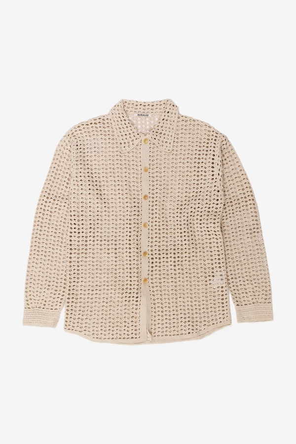 Auralee Hand Crochet Cotton Knit Shirts - White/Gray | Garmentory