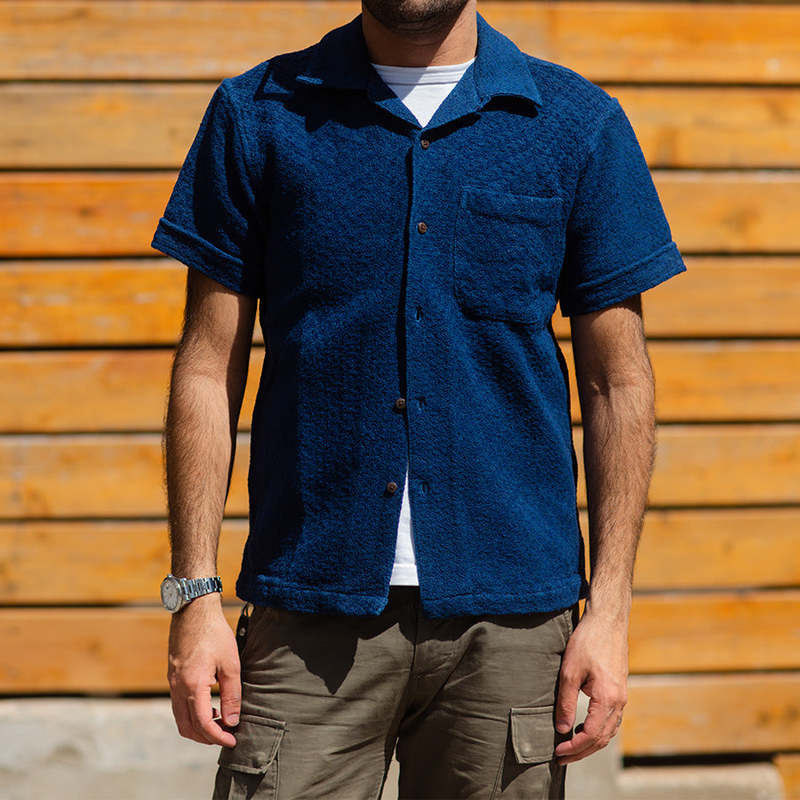 3Sixteen Vacation Collar S S Shirt Indigo Overdyed Jacquard