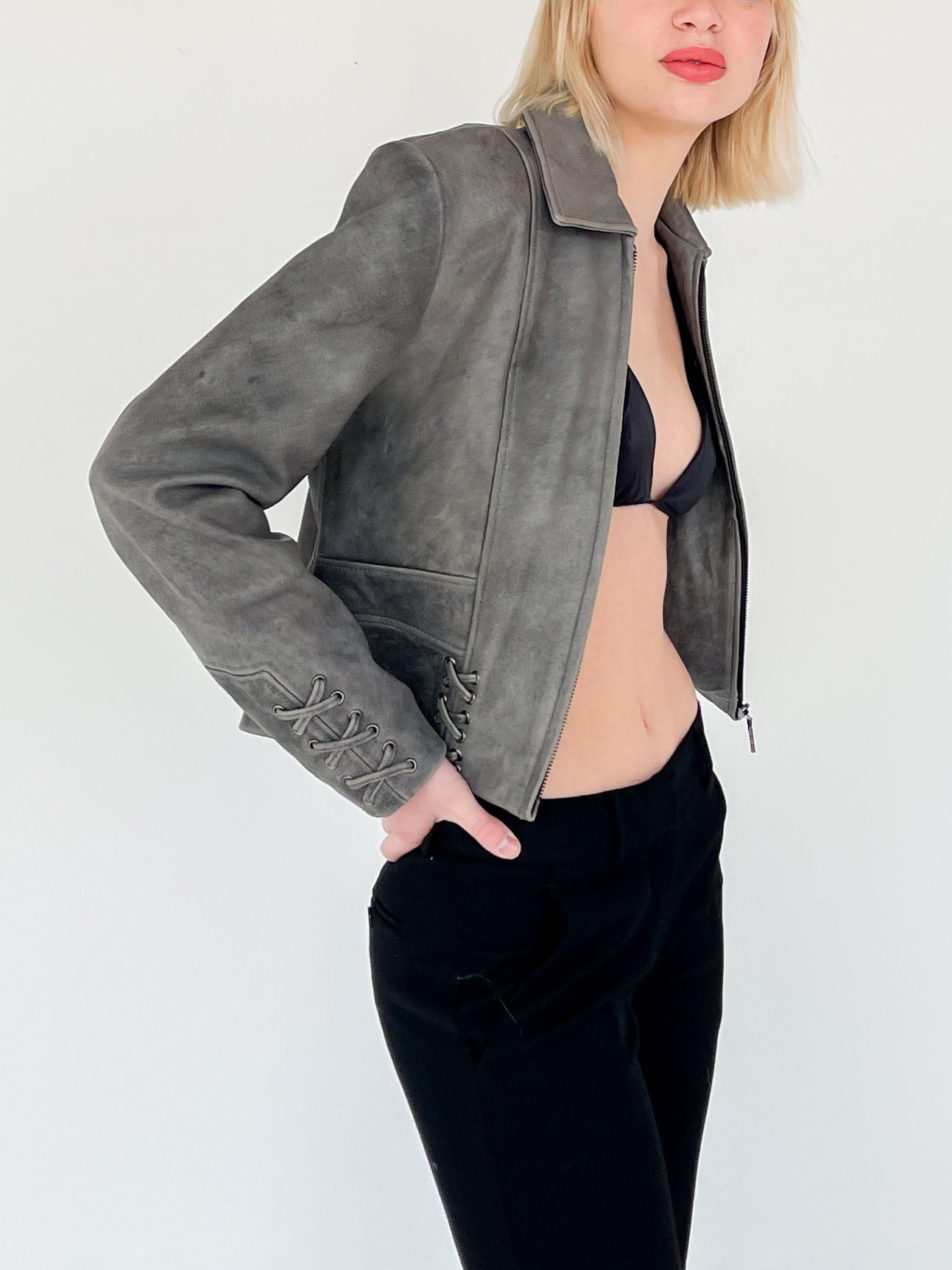 Lace Up Cropped Leather Jacket - Grey | Garmentory