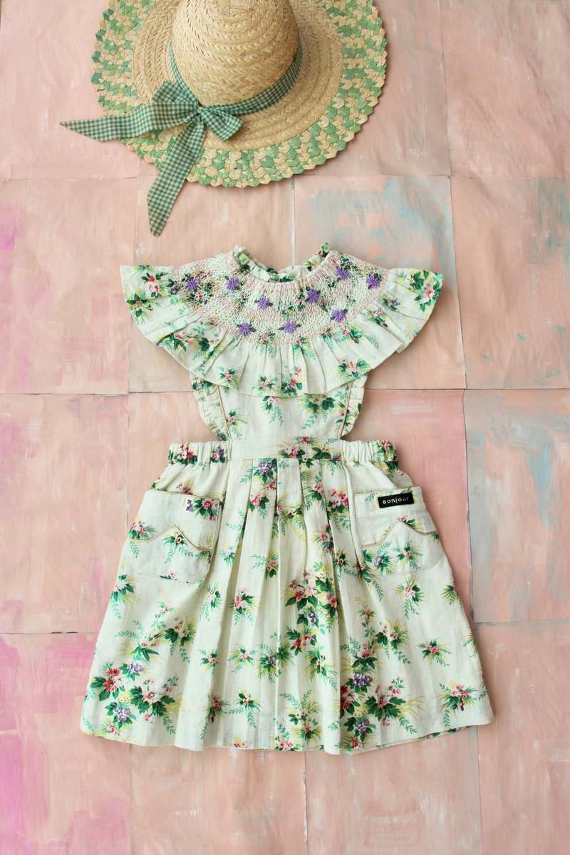 Kids Bonjour Diary Apron Dress with Tropical Flowers