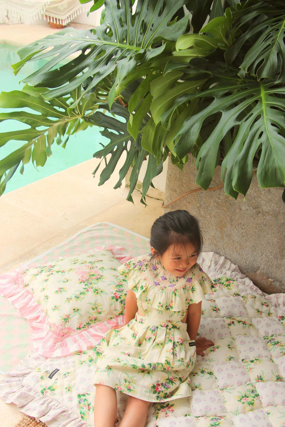 Kids Bonjour Diary Apron Dress with Tropical Flowers