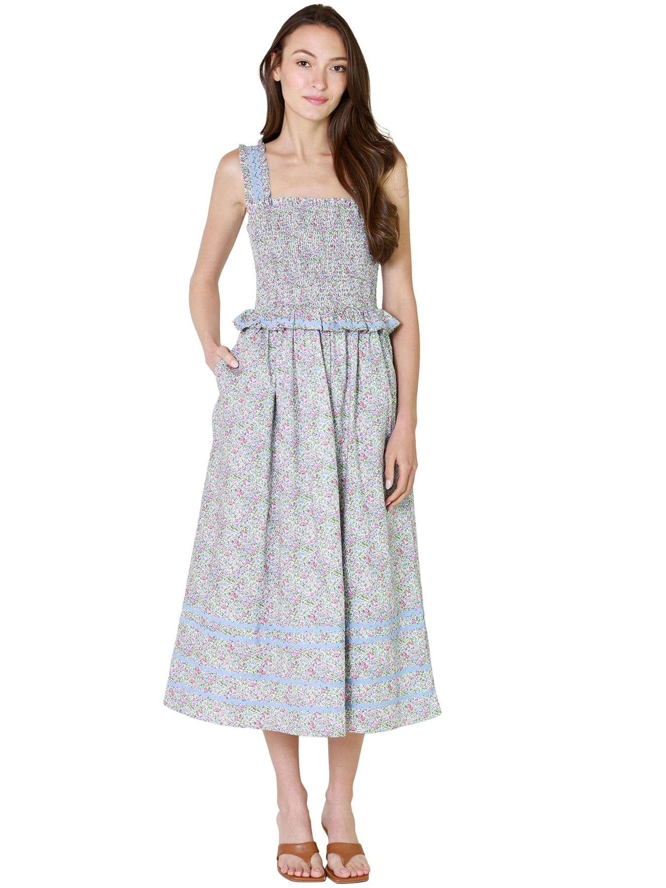 slim fit dress slacks Just Me Tie Shoulder Floral Print Lace Midi Dress main image 0