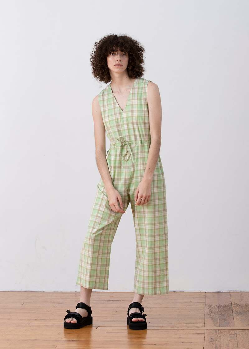 Ali Golden Cotton Slit-Back Jumper Jumpsuit Lime Plaid
