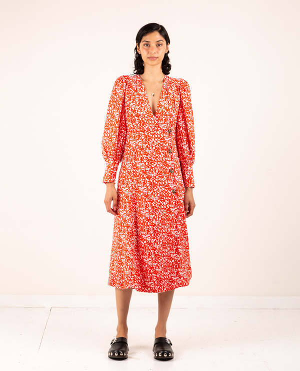 Ganni Crepe Button-Wrap Midi Dress - Mini Floral Orange on Garmentory