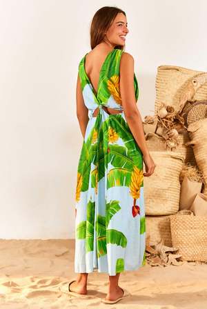 Farm Rio Warehouse Banana Leaf Dress Farm Rio Fresh Bananas Cut-Out Midi  Dress Blue Multi Garmentory