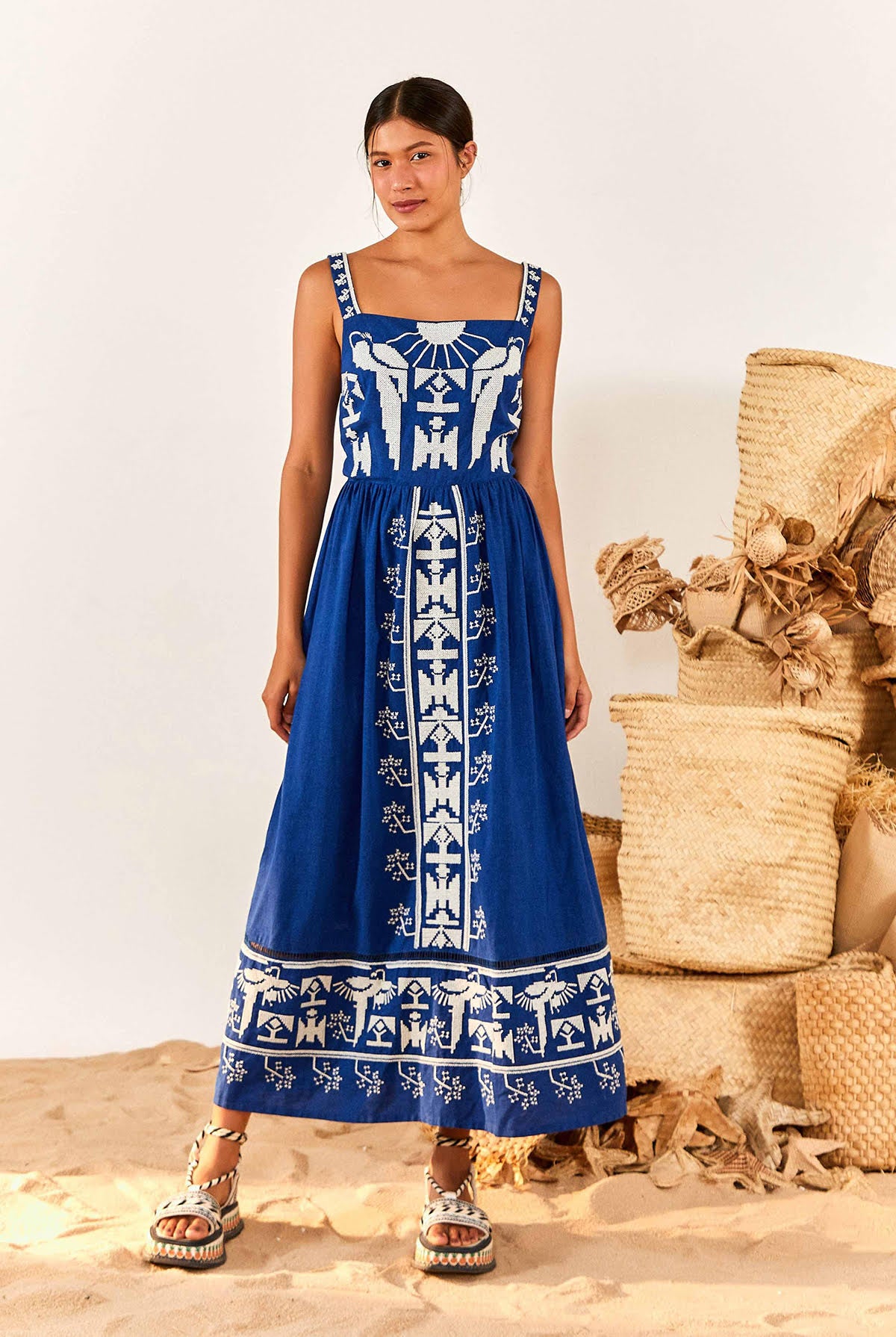 farm rio embroidered dress Blue Tapestry Organic Cotton Mini Style # SJ003729. FARM Rio Embroidered Long Sleeve