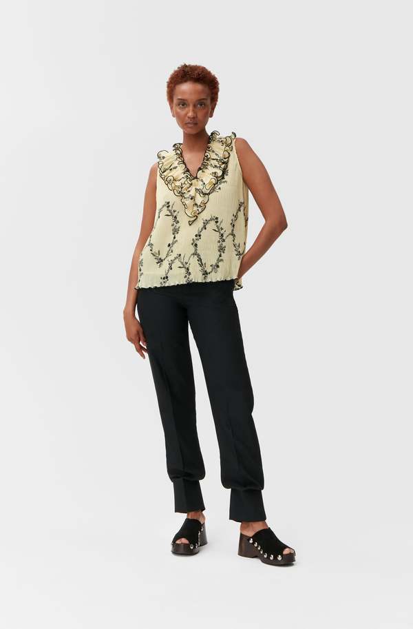 Ganni Pleated Georgette Top - Floral Shadow Flan | Garmentory