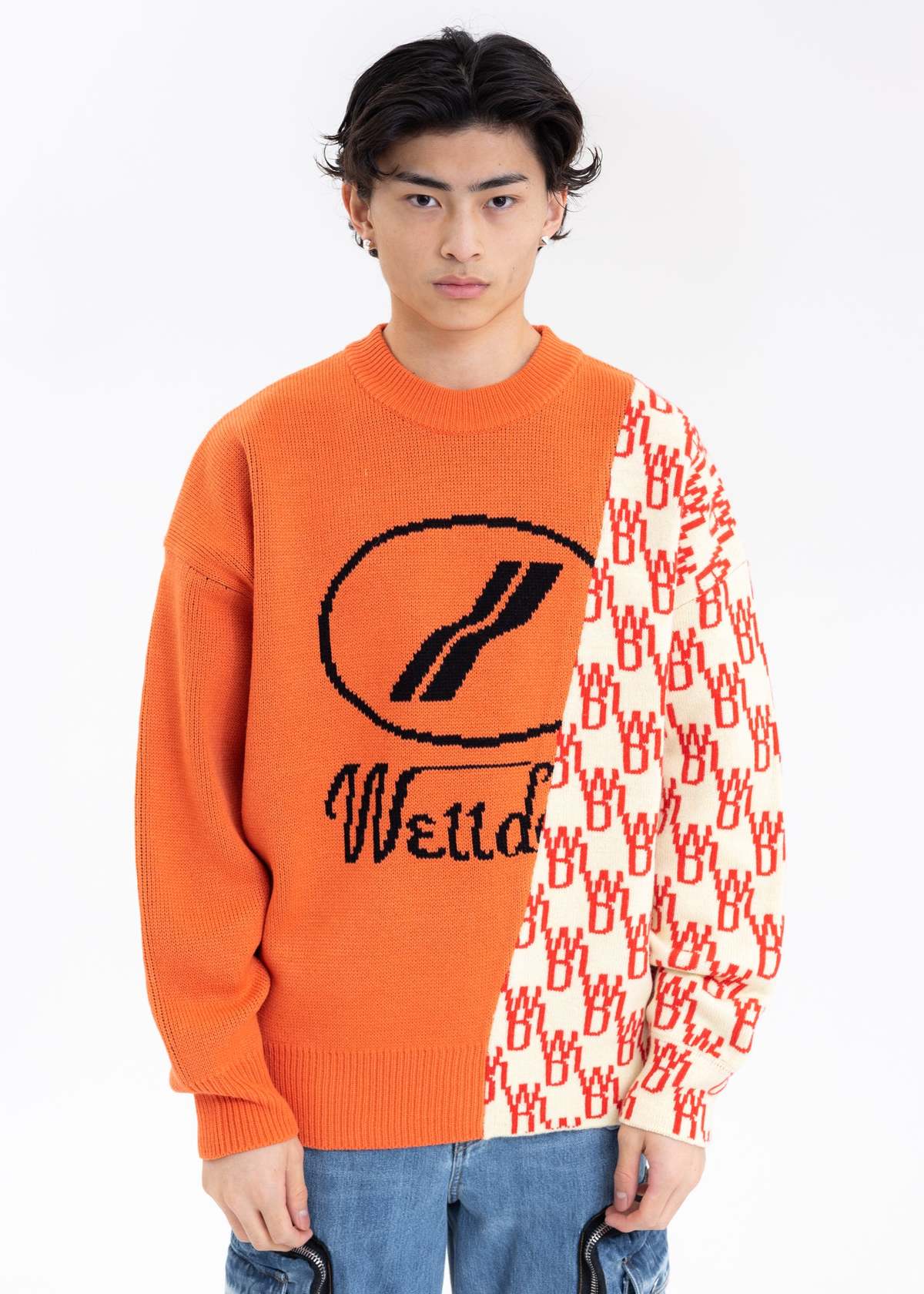 【WE11DONE】WD1 GRAPHIC LOGO SWEATER ニット we11done WD1 GRAPHIC MIX LOGO SWEATER - ORANGE | Garmentory