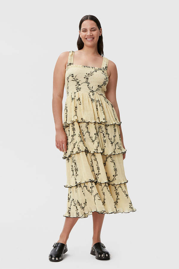 Ganni Pleated Georgette Dress - Pale Yellow Shadow on Garmentory