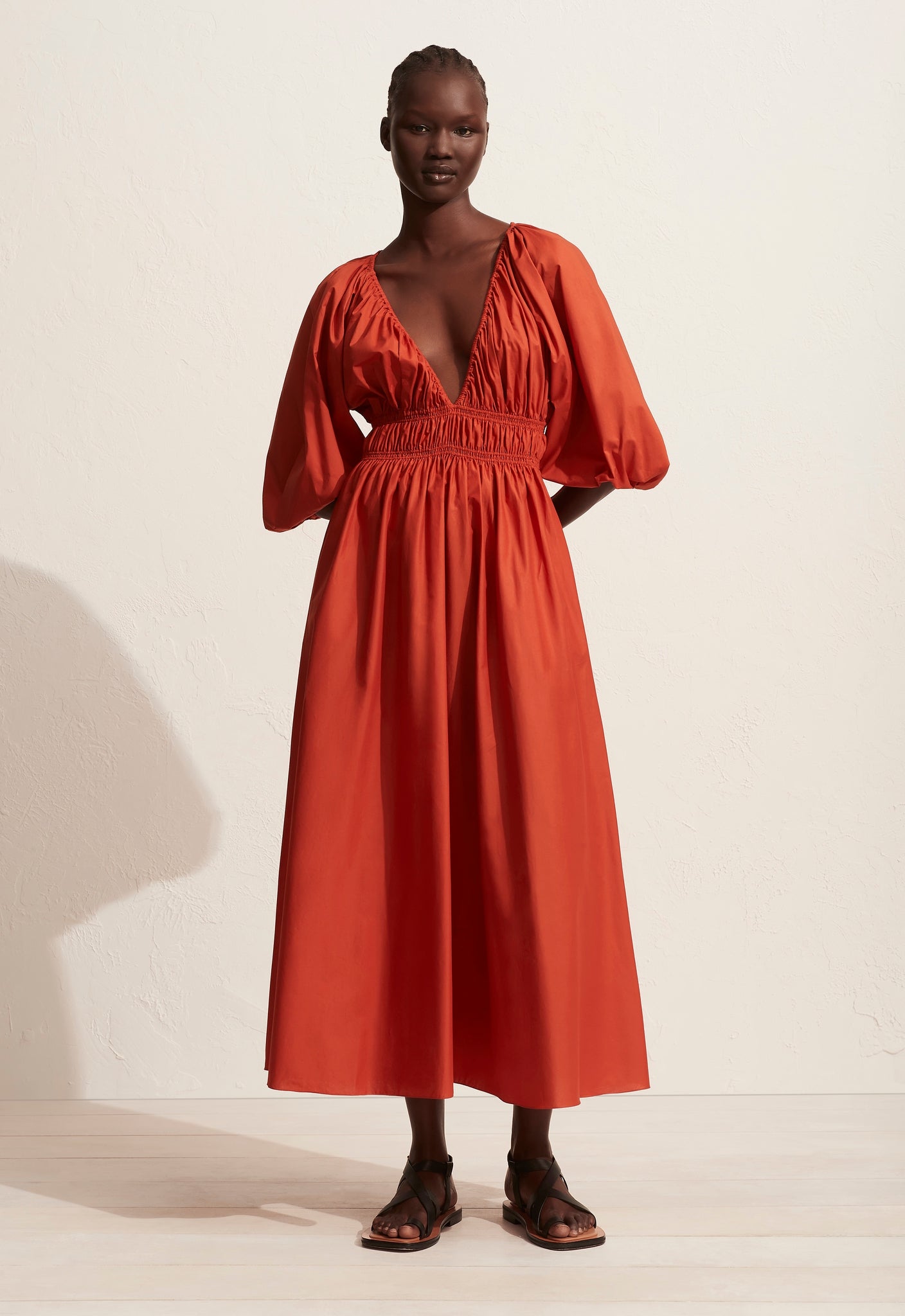 Matteau Shirred Plunge Dress - Terracotta | Garmentory