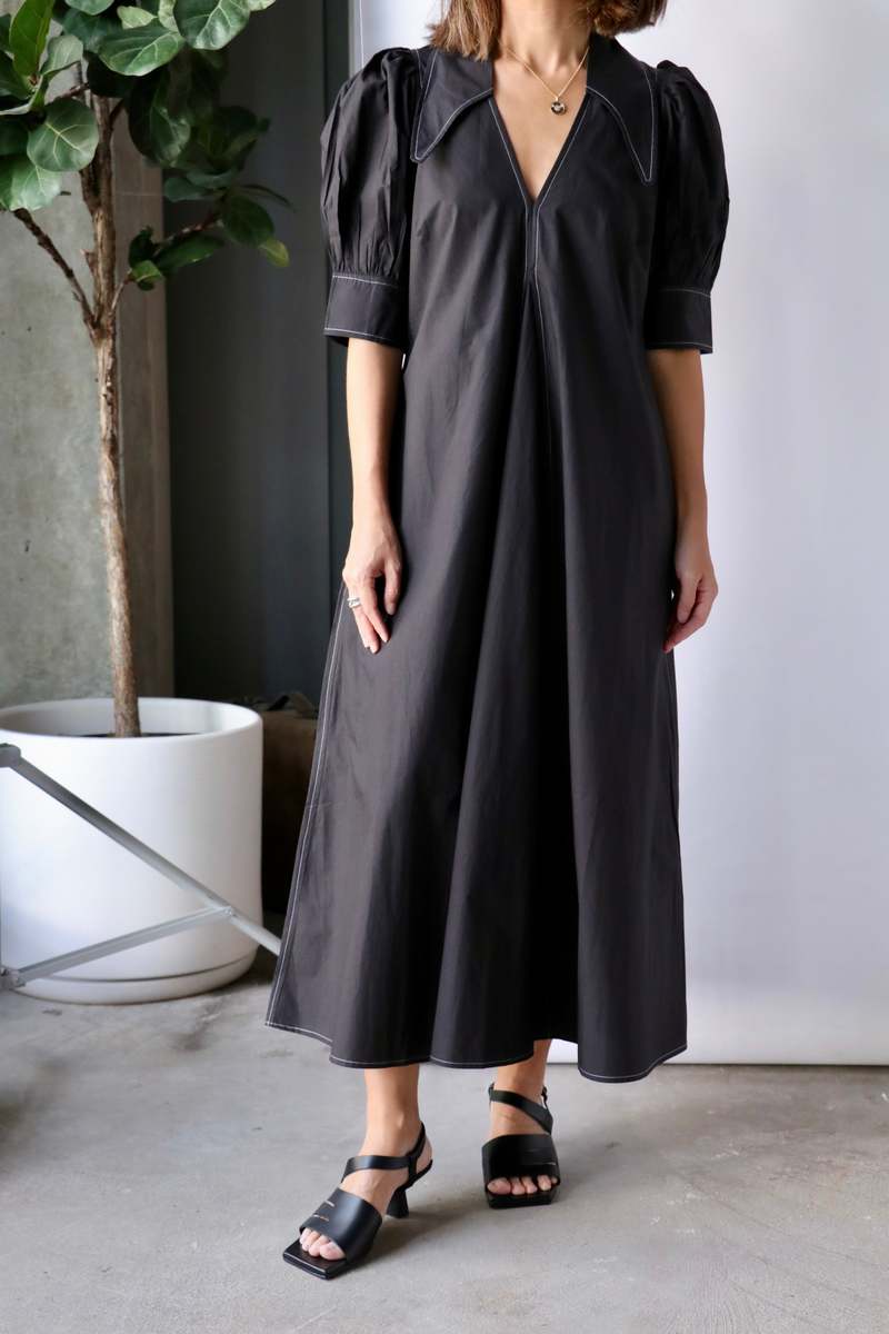 GANNI ホフリン Vネック ミティトレス F7127 151 Bright White Cotton Poplin Smock Maxi Dress | GANNI US