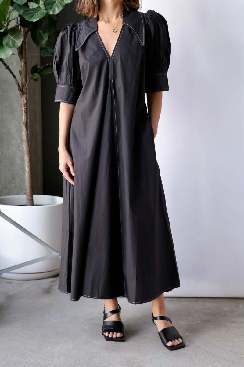 GANNI　Cotton Poplin Maxi Dress Black Cotton Poplin Open-neck Maxi Dress | GANNI NO