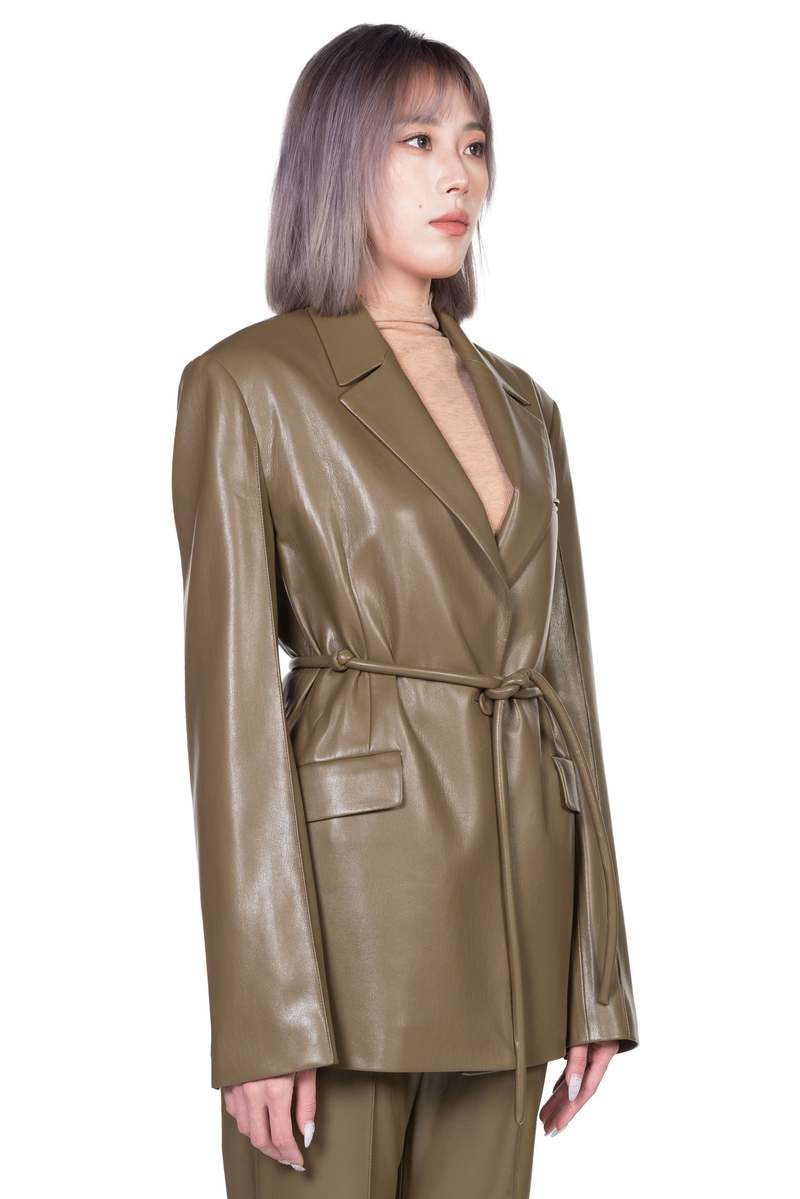 Nanushka Mariko Vegan Leather Tie-Waist Blazer - Olive | Garmentory