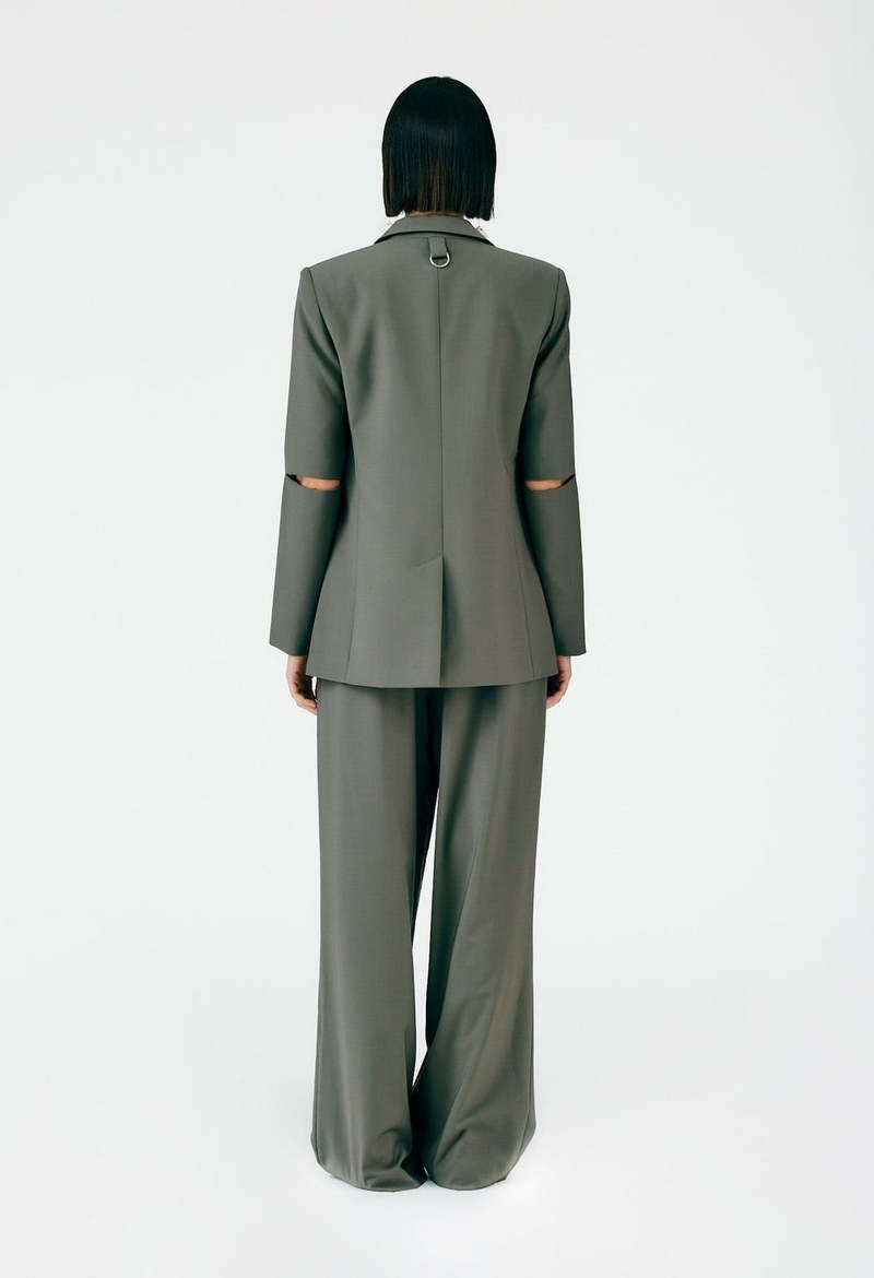 Tibi Tropical Wool Cutout Sleeve Marlon Blazer - Dark Stone