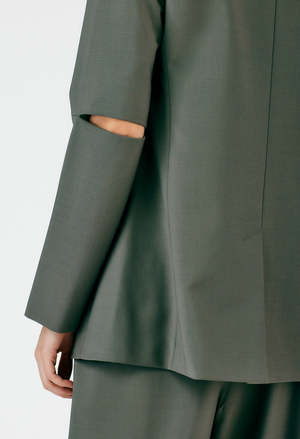 Tibi Tropical Wool Cutout Sleeve Marlon Blazer - Dark Stone