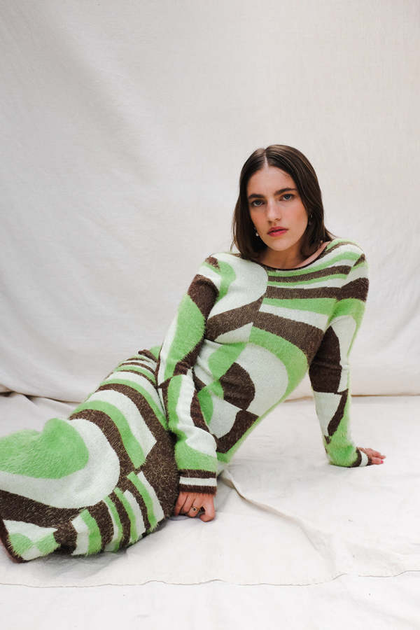 house of sunny green knit dress Land Cruise Hockney - Grass Green/Chocolate strawberry dress