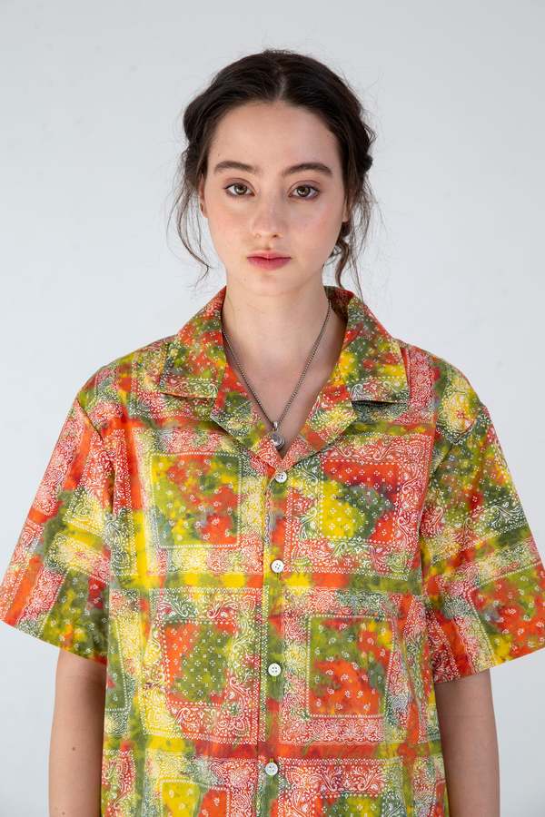 Graphia New York Desi Short Sleeve Camp Collar Shirt - Red/Batik Bandana Print