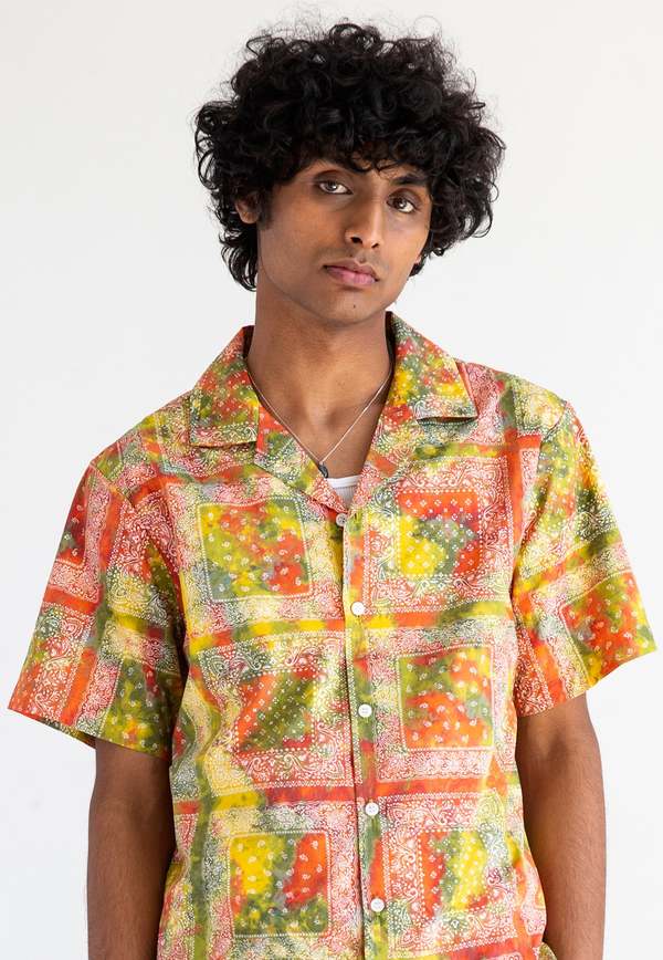 Graphia New York Desi Short Sleeve Camp Collar Shirt - Red/Batik Bandana Print