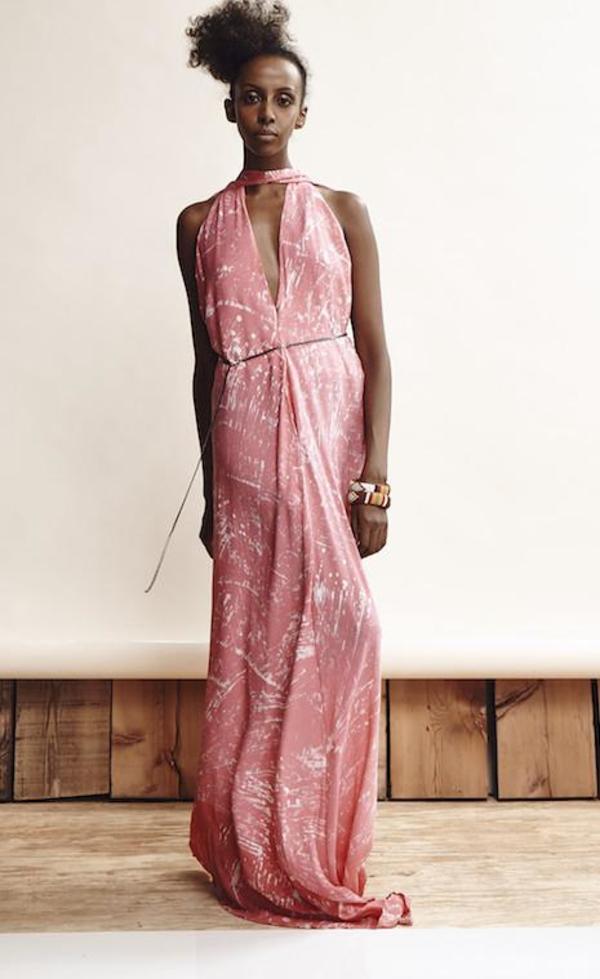 Pink Simonita Silk Hand-Batik Deep V Long Dress | Garmentory Pink Simonita Silk Hand-Batik Deep V Long Dress | Garmentory