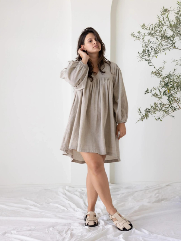 LAUDE the Label Empire Mini Dress Sand Grid Cotton Garmentory
