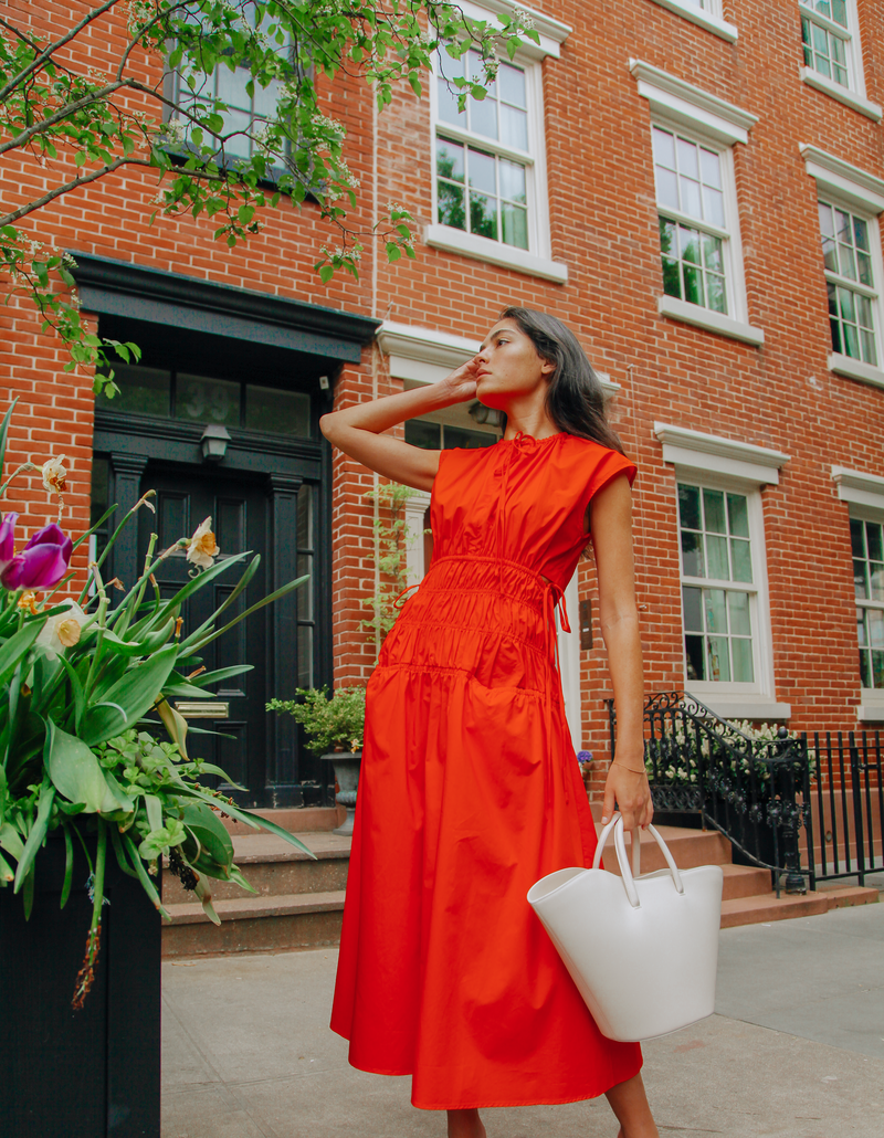 proenza schouler white label red dress Kendall pleated paneled shell midi dress - red