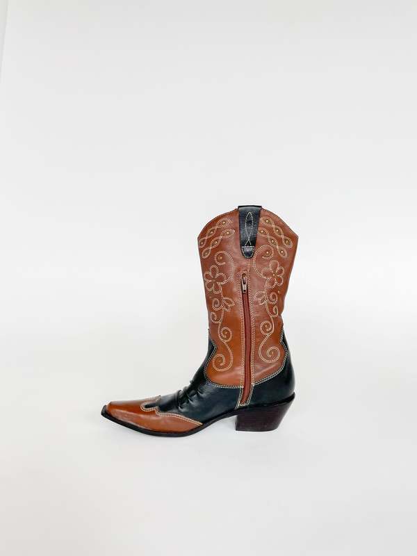 Vintage Melissa Two Tone Embellished Western Boots - Brown