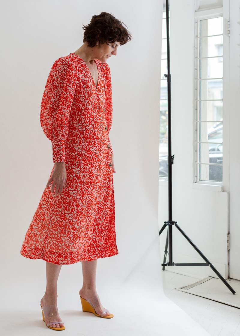 ganni orange floral dress GANNI Ruched floral-print mesh midi dress