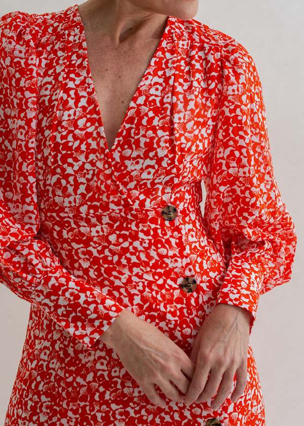 Ganni Crepe Button-Wrap Midi Dress - Mini Floral Orange Dot Com | Garmentory