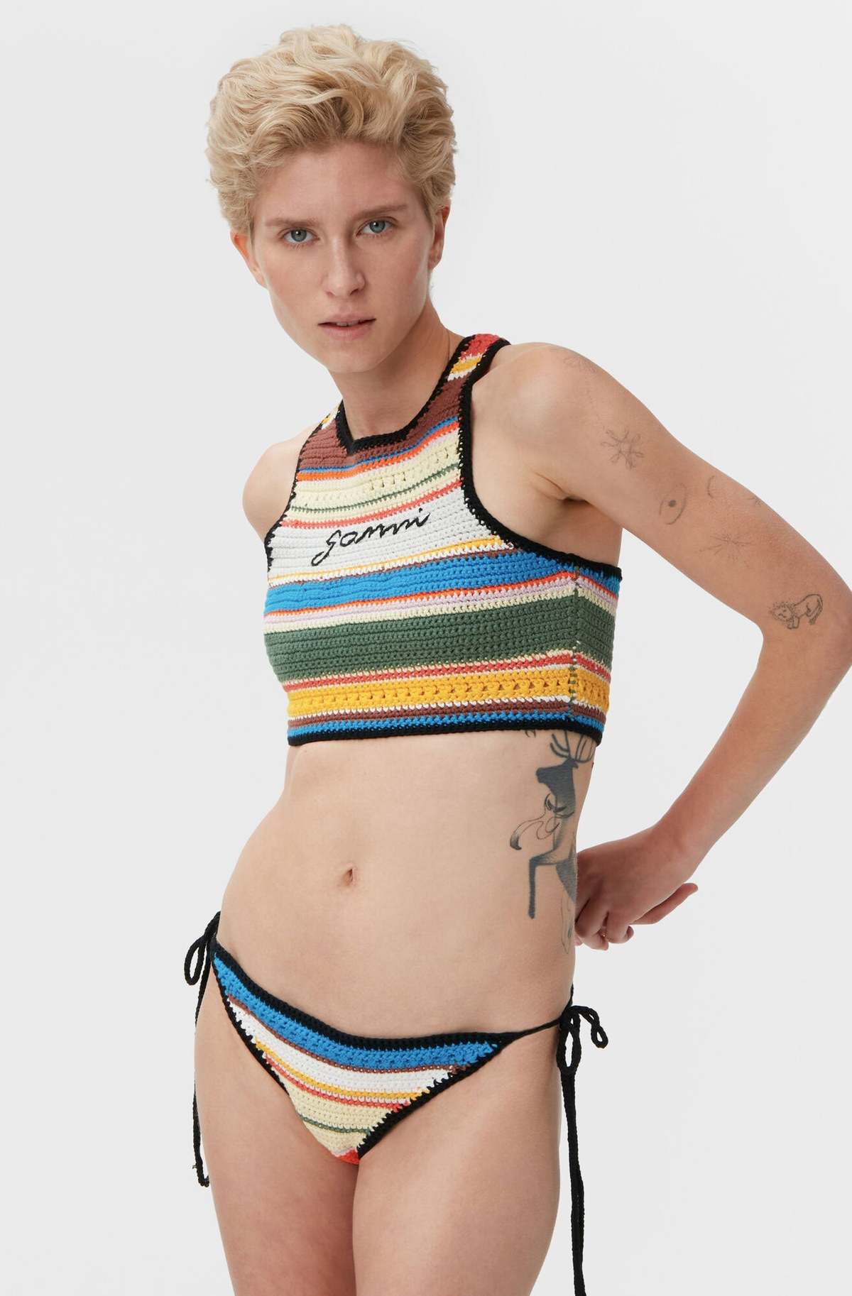 Ganni Crochet High Neck Bikini Top Beach Stripe Multi Garmentory
