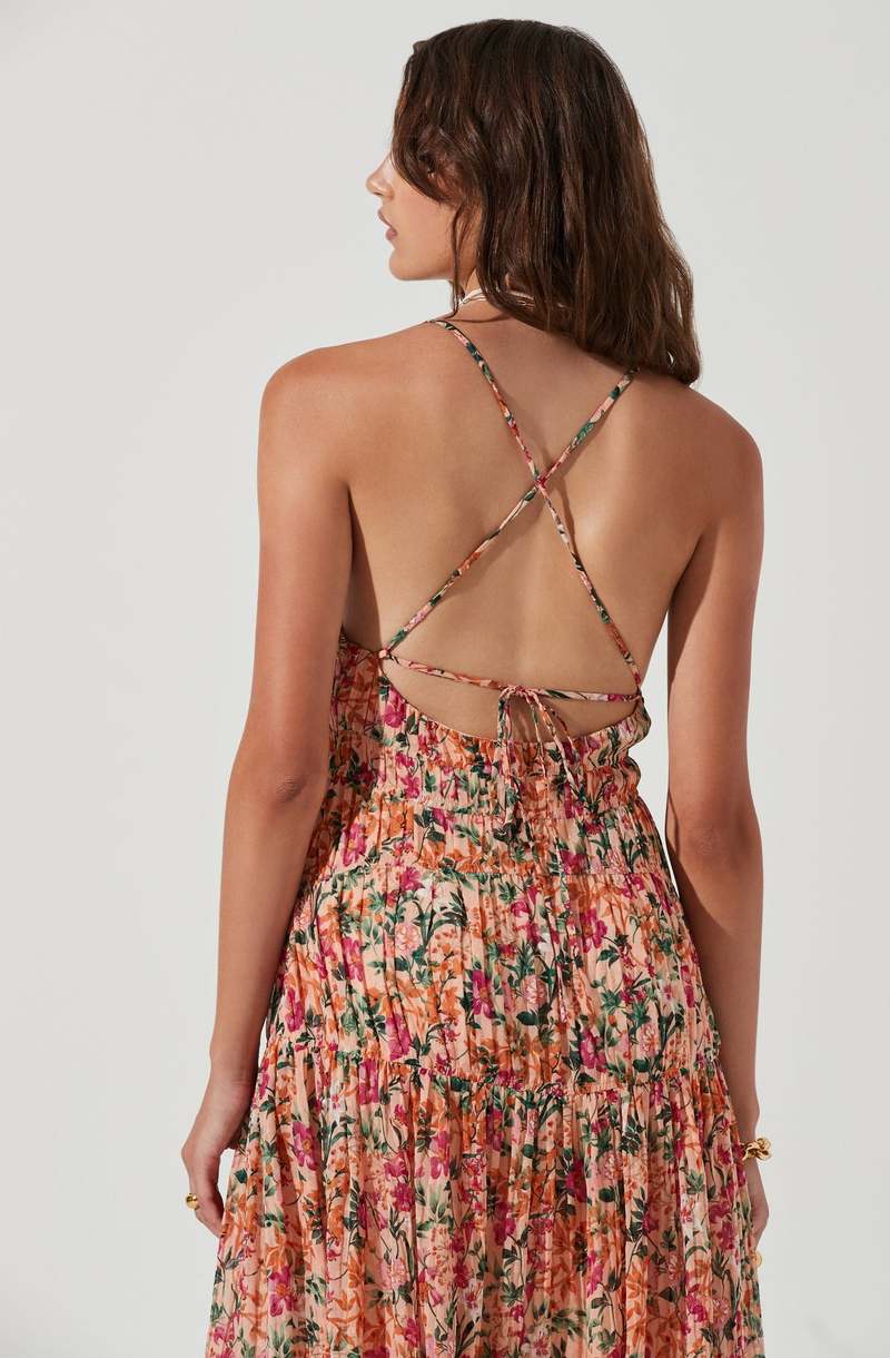 chinese dress ladies Astr The Label | Primrose Floral Strappy Back Maxi Dress in Plus Size - Pink Aqua Floral main image 1