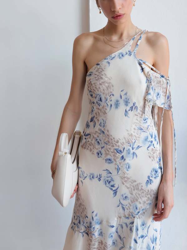 Vintage Blue & Cream Floral One Shoulder Dress | Garmentory