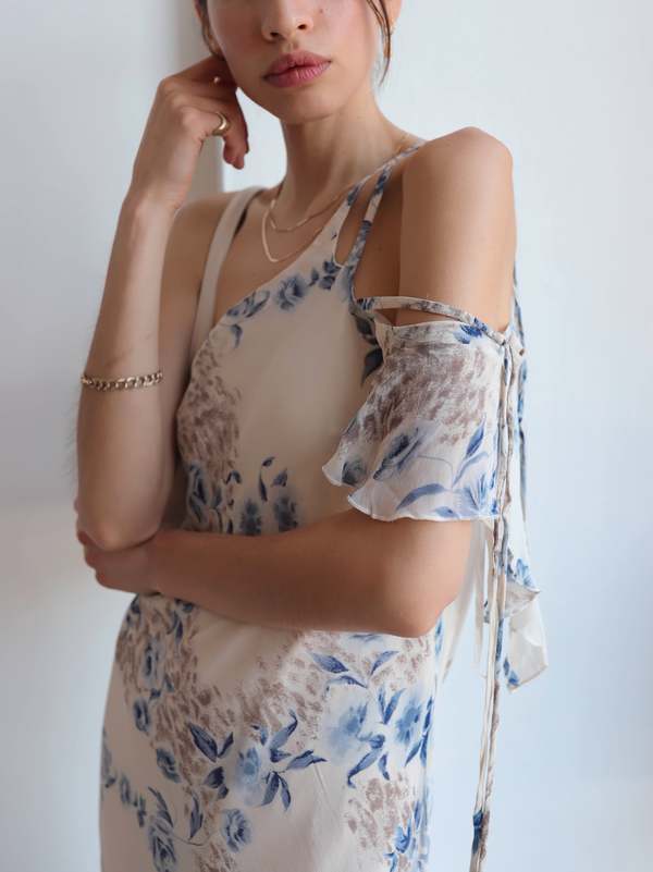 Vintage Blue & Cream Floral One Shoulder Dress | Garmentory Vintage Blue & Cream Floral One Shoulder Dress | Garmentory